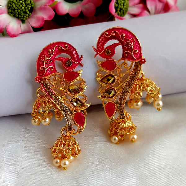 Woma Matte Pink Meenakari Peacock Kundan Jhumki Earrings