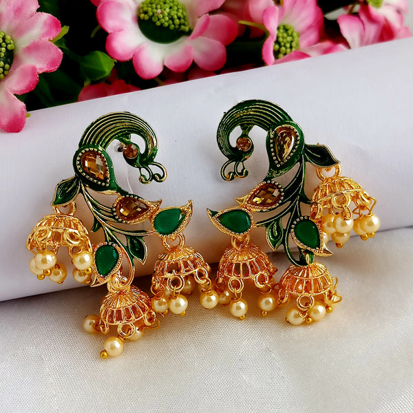 Woma Matte Green Meenakari Peacock Jhumki Earrings