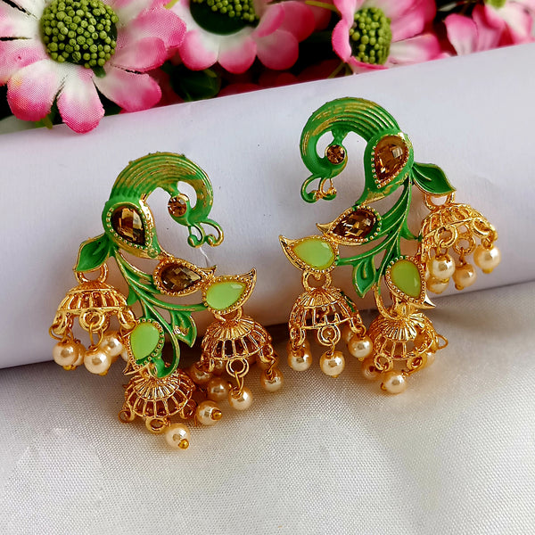 Woma Matte Green Meenakari Peacock Jhumki Earrings