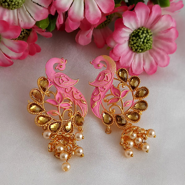 Woma Matte Pink Meenakari Kundan Peacock Earrings