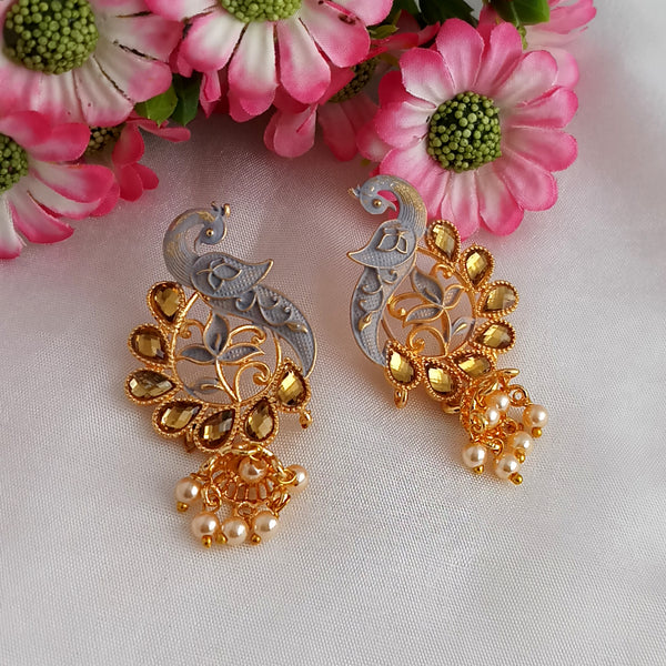 Woma Matte Grey Meenakari Kundan Peacock Earrings