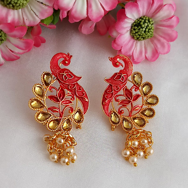 Woma Matte Red Meenakari Kundan Peacock Earrings