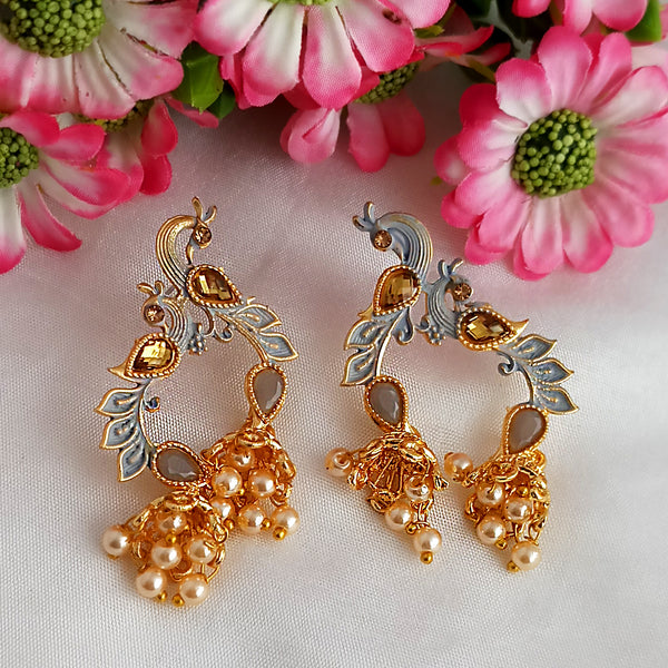 Woma Matte Grey Meenakari Kundan Peacock Earrings