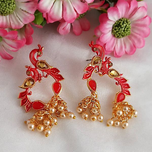 Woma Matte Red Meenakari Kundan Peacock Earrings