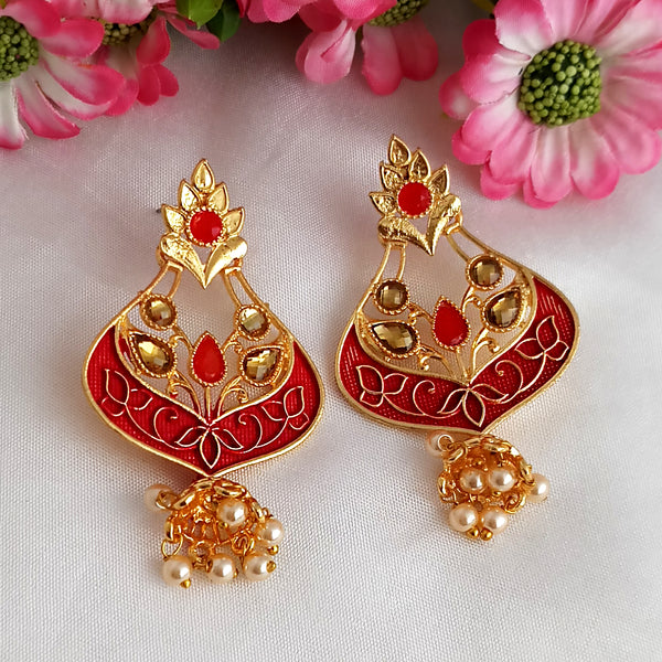 Woma Matte Red Meenakari Kundan Peacock Earrings