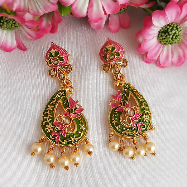 Woma Gold Plated Matte Green Meenakari Kundan Earrings