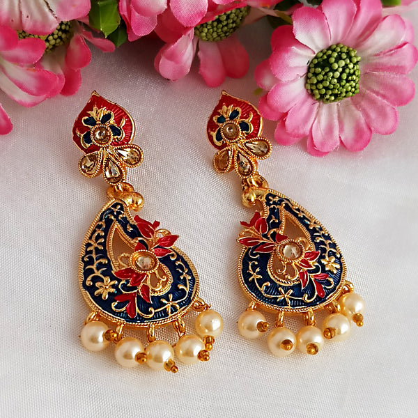 Woma Gold Plated Matte Blue Meenakari Kundan Earrings