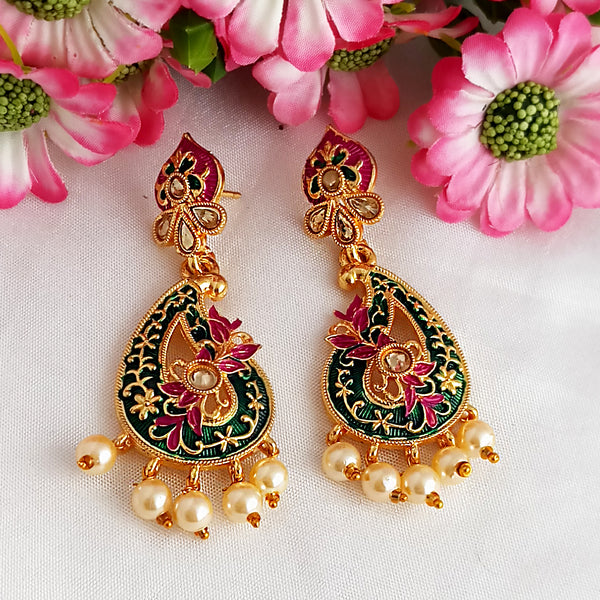 Woma Gold Plated Matte Green Meenakari Kundan Earrings