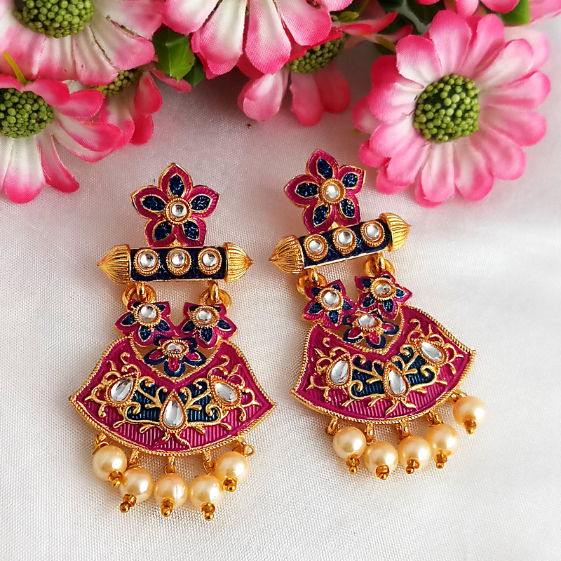 Woma Gold Plated Matte Pink Meenakari Kundan Earrings