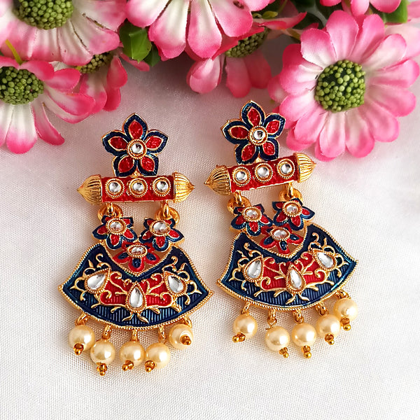 Woma Gold Plated Matte Blue Meenakari Kundan Earrings