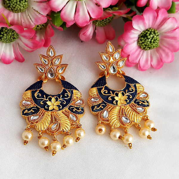 Woma Gold Plated Matte Blue Meenakari Kundan Earrings