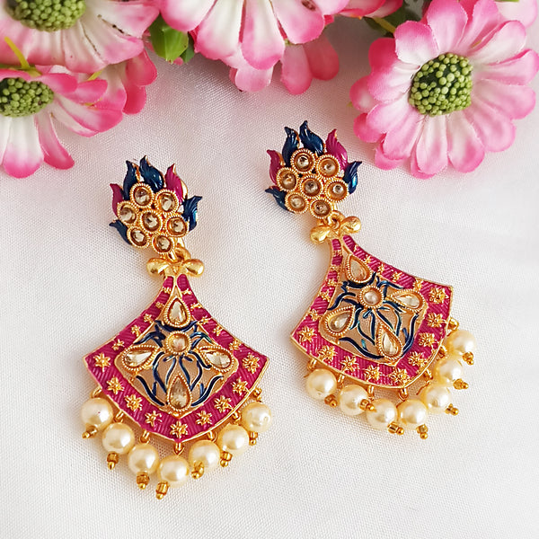 Woma Gold Plated Matte Pink Meenakari Kundan Earrings