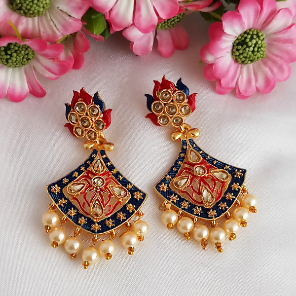 Woma Gold Plated Matte Blue Meenakari Kundan Earrings