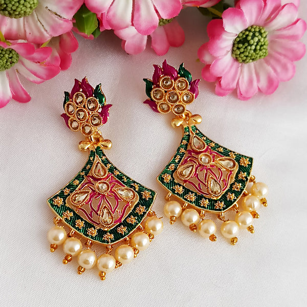 Woma Gold Plated Matte Green Meenakari Kundan Earrings