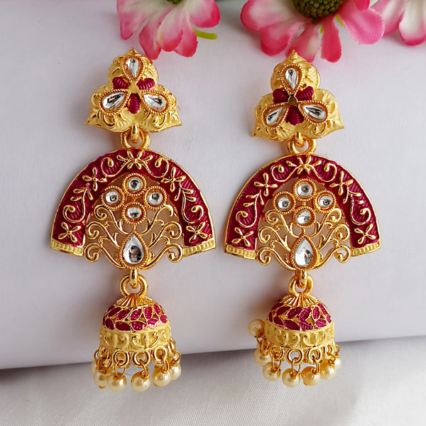 Woma Gold Plated Matte Pink Meenakari Kundan Jhumka Earrings