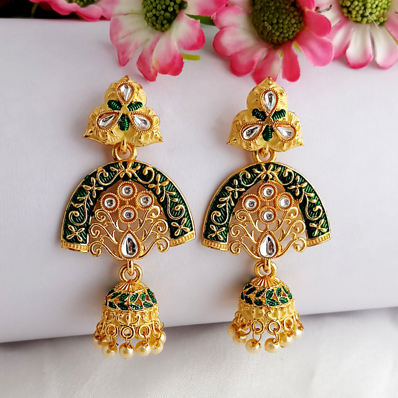 Woma Gold Plated Matte Green Meenakari Kundan Jhumka Earrings