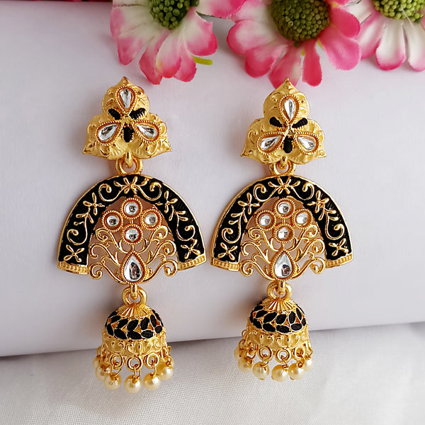 Woma Gold Plated Matte Black Meenakari Kundan Jhumka Earrings