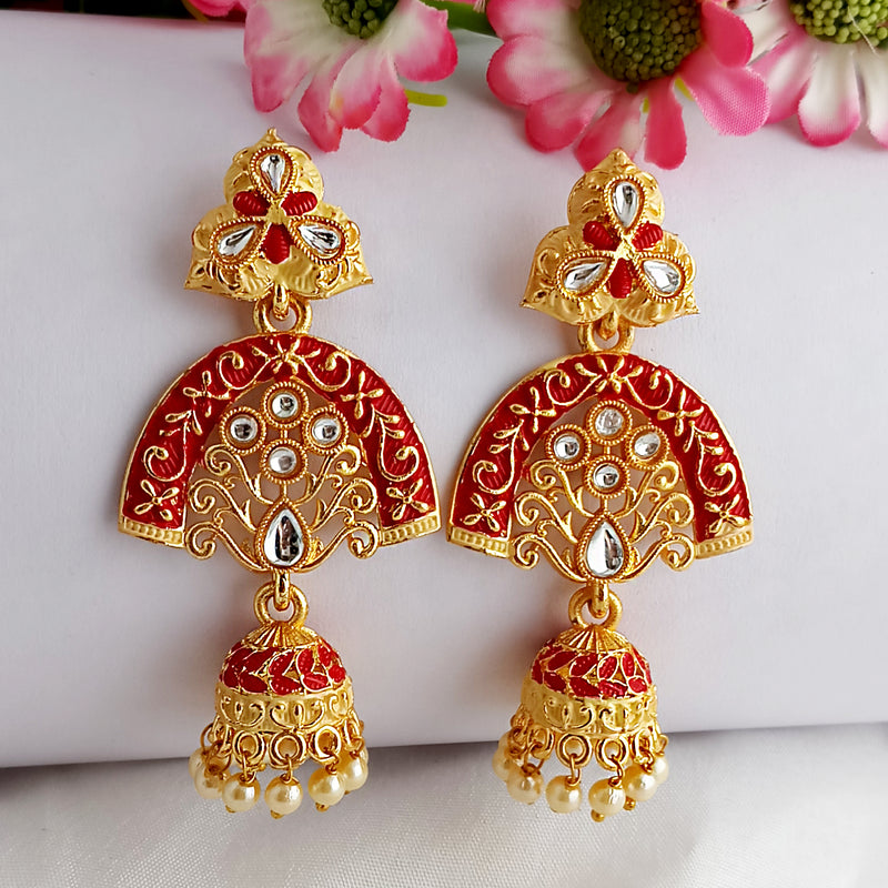 Woma Gold Plated Matte Red Meenakari Kundan Jhumka Earrings