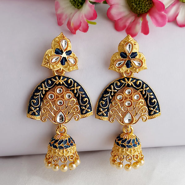 Woma Gold Plated Matte Blue Meenakari Kundan Jhumka Earrings