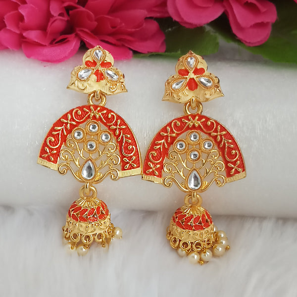 Woma Gold Plated Orange Matte Meenakari Kundan Jhumka Earrings