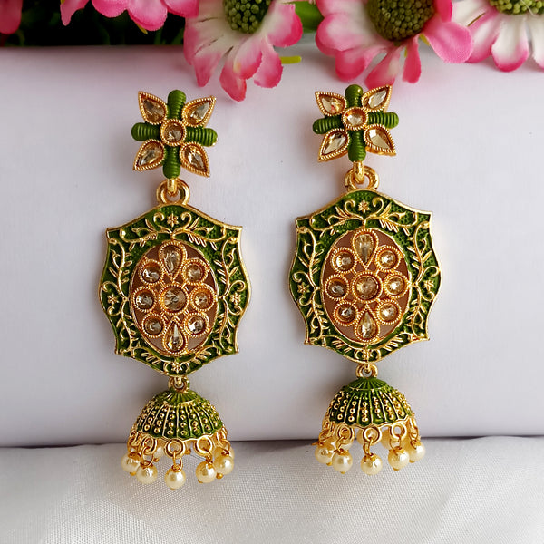 Woma Gold Plated Matte Green Meenakari Kundan Jhumka Earrings