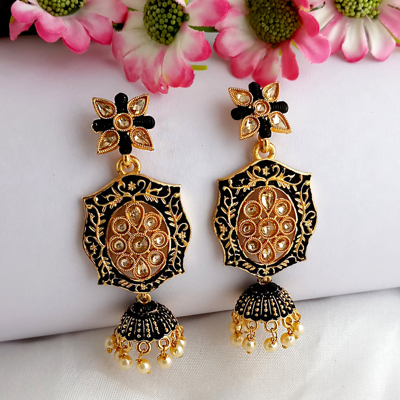 Woma Gold Plated Matte Black Meenakari Kundan Jhumka Earrings