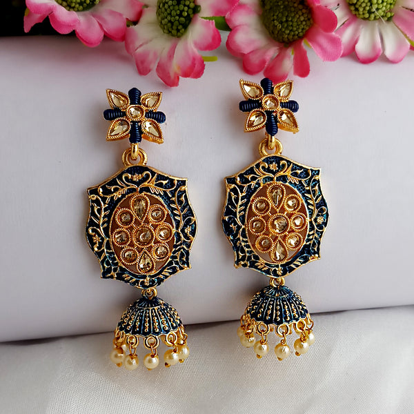 Woma Gold Plated Matte Blue Meenakari Kundan Jhumka Earrings