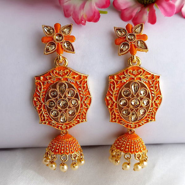 Woma Gold Plated Orange Matte Meenakari Kundan Jhumka Earrings