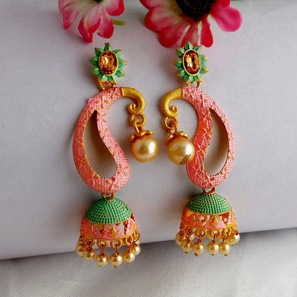 Woma Gold Plated Matte Pink Meenakari Jhumka Earrings