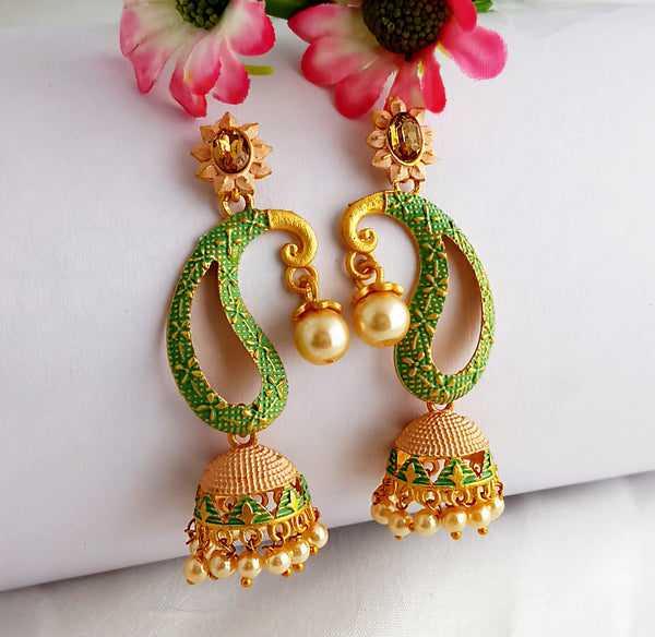 Woma Gold Plated Matte Green Meenakari Jhumka Earrings