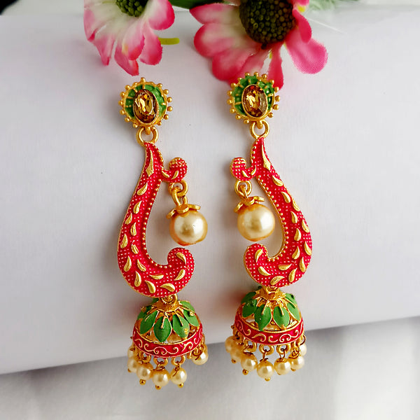 Woma Gold Plated Matte Pink Meenakari Jhumka Earrings