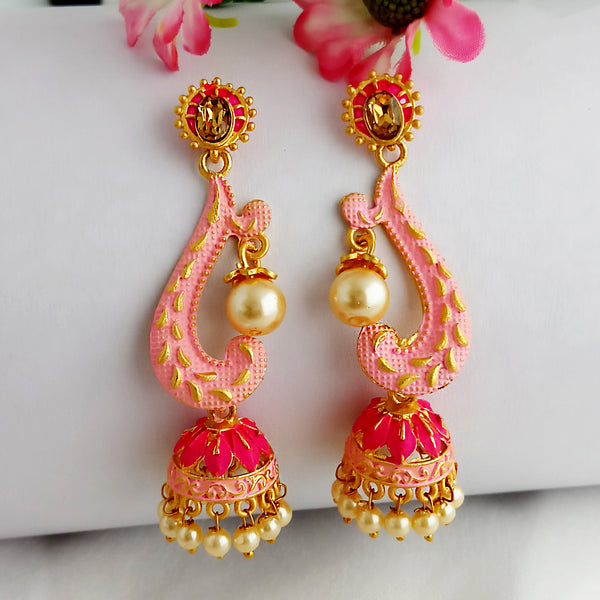 Woma Gold Plated Matte Peach Meenakari Jhumka Earrings