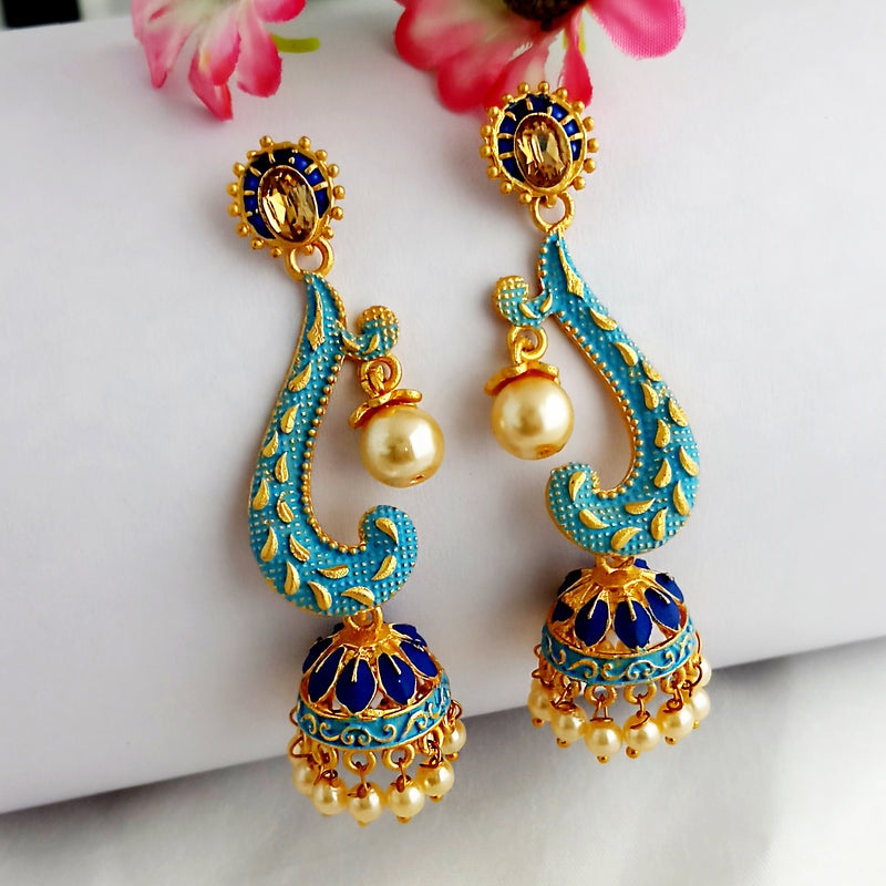 Woma Gold Plated Matte Blue Meenakari Jhumka Earrings