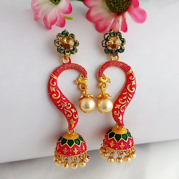 Woma Gold Plated Matte Pink Meenakari Jhumka Earrings