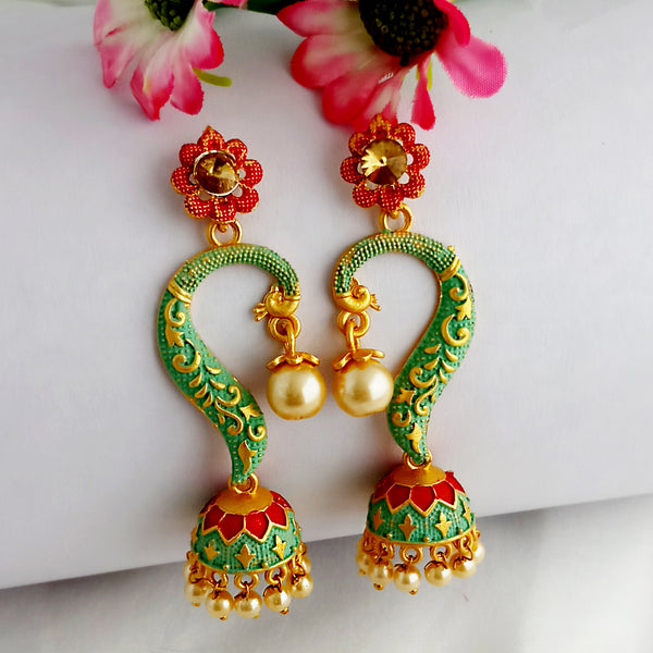 Woma Gold Plated Matte Green Meenakari Jhumka Earrings