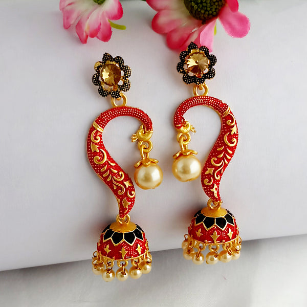 Woma Gold Plated Matte Red Meenakari Jhumka Earrings