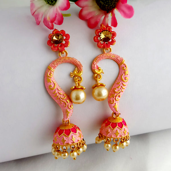 Woma Gold Plated Matte Peach Meenakari Jhumka Earrings