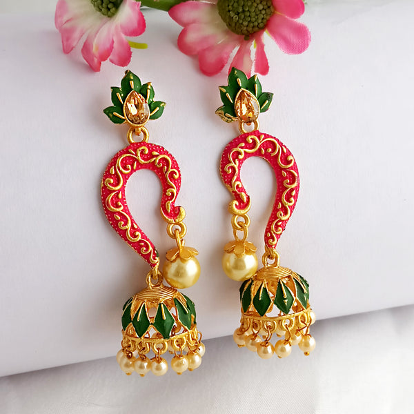 Woma Gold Plated Matte Pink Meenakari Jhumka Earrings