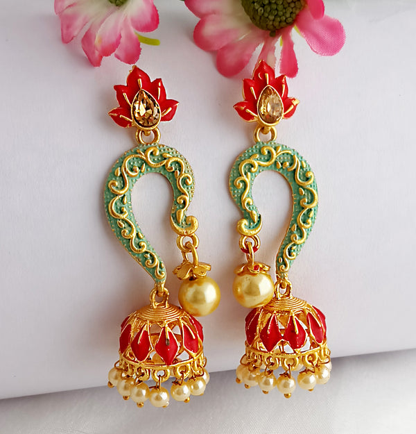 Woma Gold Plated Matte Green Meenakari Jhumka Earrings