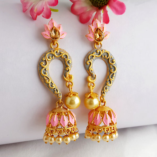 Woma Gold Plated Matte Grey Meenakari Jhumka Earrings