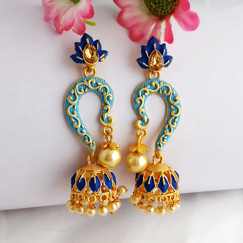 Woma Gold Plated Matte Blue Meenakari Jhumka Earrings