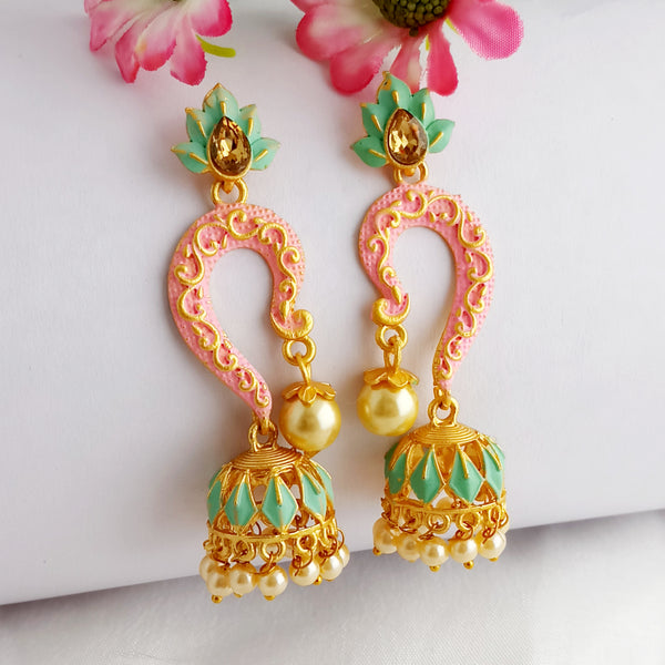 Woma Gold Plated Matte Peach Meenakari Jhumka Earrings