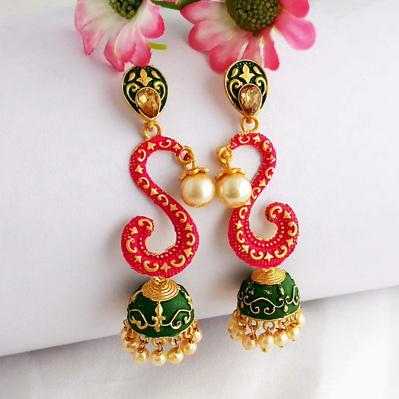 Woma Gold Plated Matte Pink Meenakari Jhumka Earrings