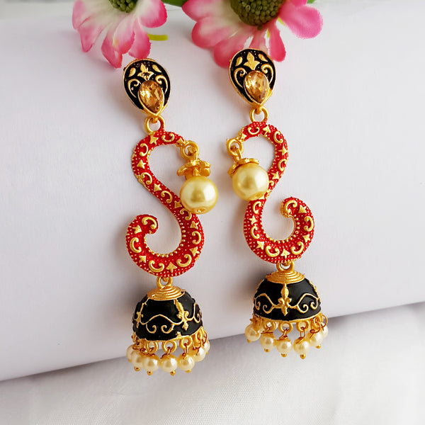 Woma Gold Plated Matte Red Meenakari Jhumka Earrings