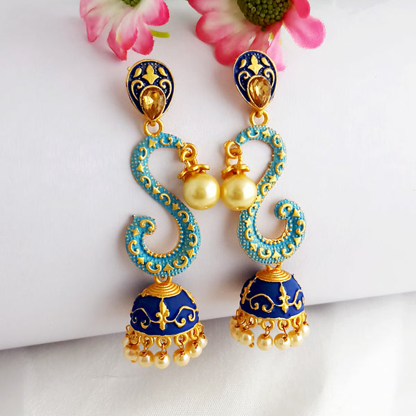 Woma Gold Plated Matte Blue Meenakari Jhumka Earrings