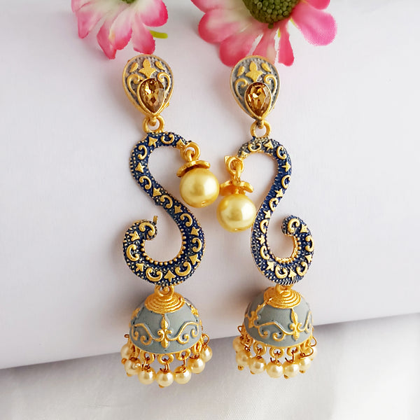 Woma Gold Plated Matte Grey Meenakari Jhumka Earrings