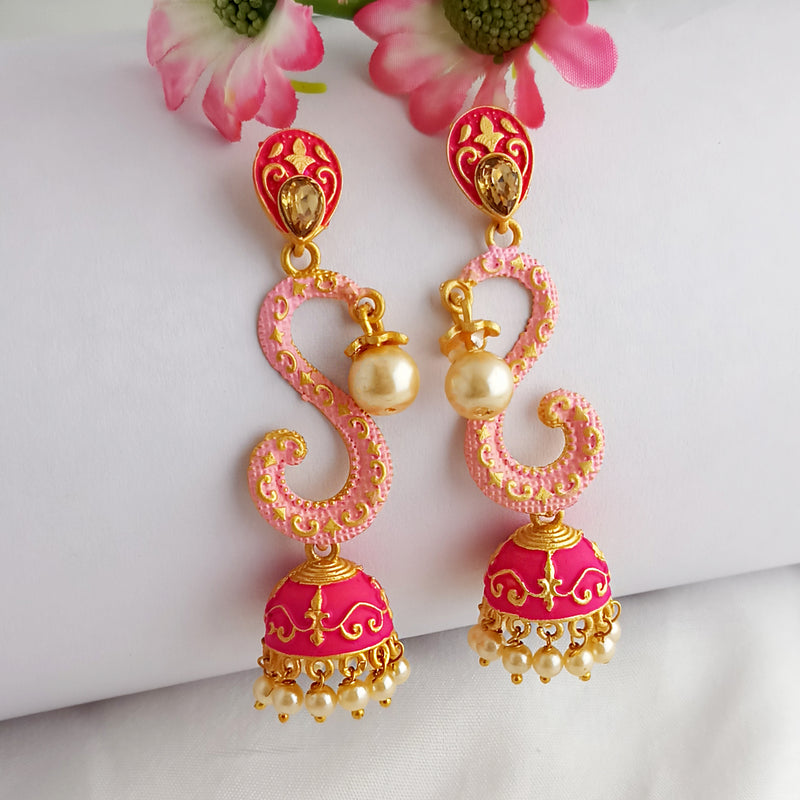 Woma Gold Plated Matte Peach Meenakari Jhumka Earrings