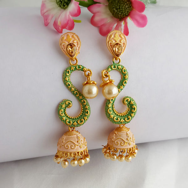 Woma Gold Plated Matte Green Meenakari Jhumka Earrings