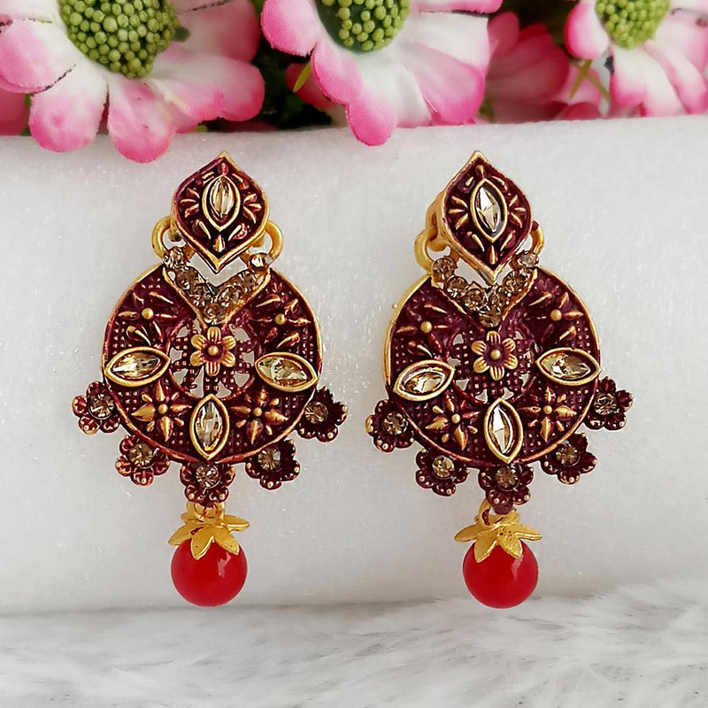 Woma Gold Plated Maroon Dangler Meenakari Earrings - 1318054D