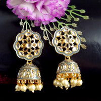 PARSHWAM Grey Glossy Meenakari Pearl Drop Jhumki